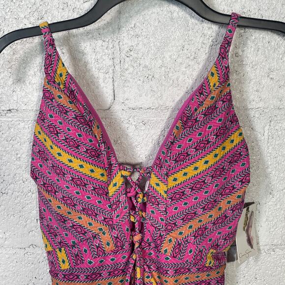Jessica Simpson Shine Bright Lace Front 1 Piece Swimsuit Tulip Multi Medium - Picture 3 of 12